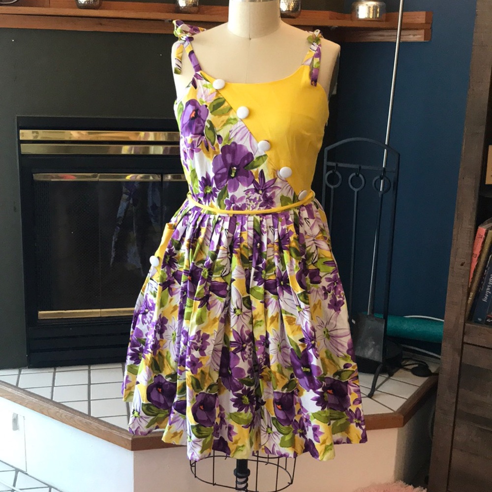 Unique Vintage Yellow & Purple Party Dress XL